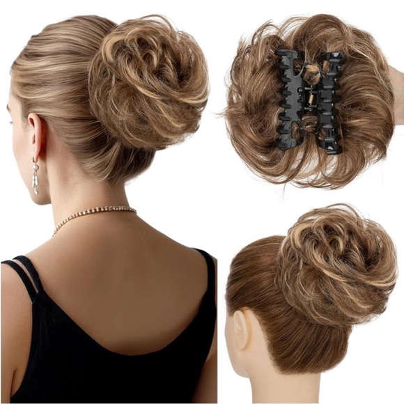 Medium Brown Dark Blonde Highlight Human Hair Clip In Messy Bun Extension - Picture 1 of 10